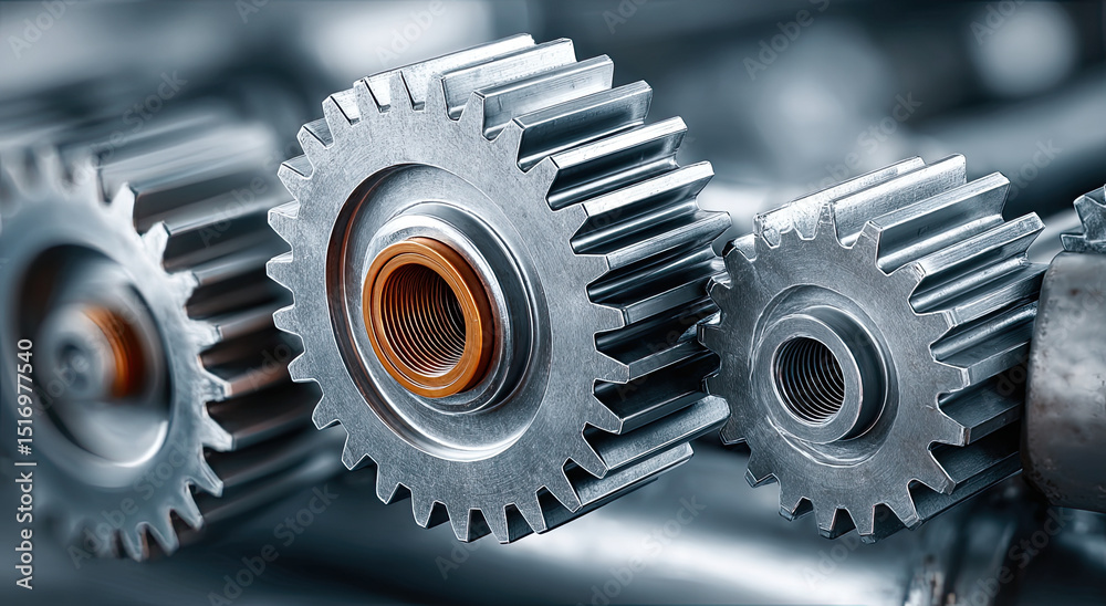 Aufkleber interlocking metal gears in close-up view, symbolizing teamwork and industrial progress, and represe