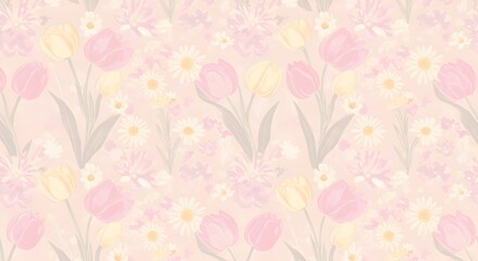 Soft pastel seamless floral pattern with tulips and daisies for delicate and feminine spring backgrounds