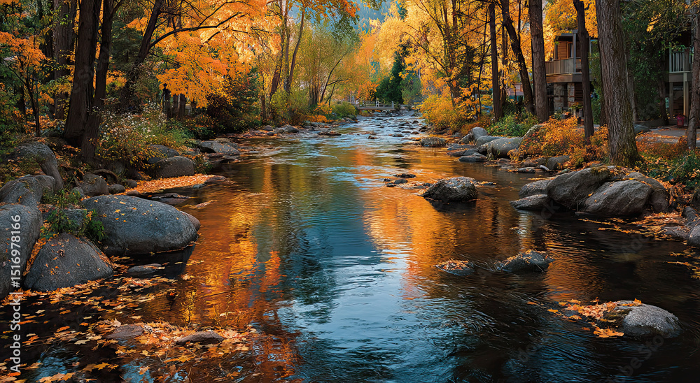 Poster autumn river flowing through forest with golden leaves, representing seasonal change and environment