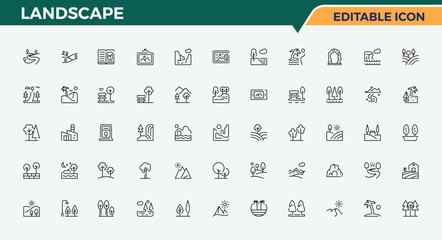 Landscape icon set. Minimalist editable vector stroke. Park modern icon set. Contains such symbols as cape, land, building, field, mountain, garden, park and more.