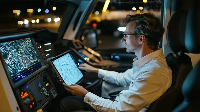 A logistics coordinator seated inside a truck cabin, managing real-time delivery routes on a tablet, with a digital map showing scheduled stops and detours to avoid traffic congest