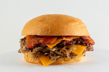 A catalog of burgers in different varieties with potato buns, meat and vegan medallions with lettuce, tomato, bacon, cucumbers, cheddar cheese, and American-style caramelized onions.