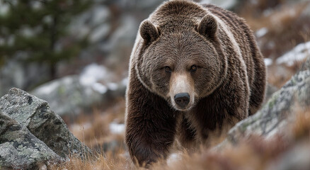 Fototapeta premium Grizzly Bear Walking Towards Camera in Snowy Environment, Symbolizing Wildlife Conservation and Environmental Awareness, Perfect for Nature Documentaries and Education