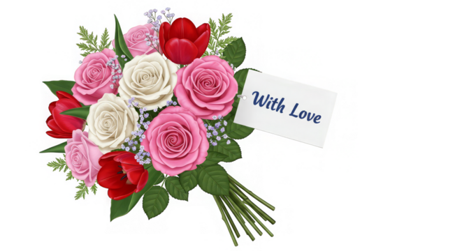 A bouquet of roses and tulips with a tag that reads 'With Love' on a black background.