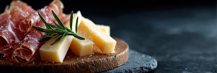 luxury gourmet catering, high-end web banner showcases premium charcuterie board with truffle cheese and prosciutto in a luxurious restaurant setting
