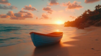 Sunset beach scene with a small boat