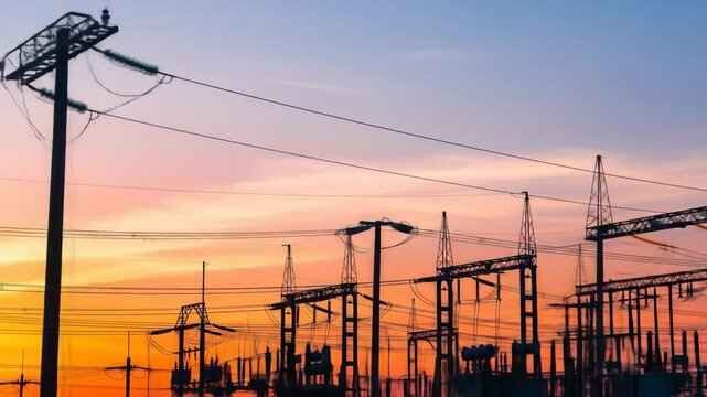 Silhouette of power line with many poles and electric lines at sunset. Concept of modern electrical energy transmission for industry. Cinematic footage.