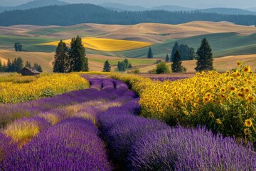 Scenic view of lavender rows and sunflower field with rolling hills backdrop in the countryside landscape