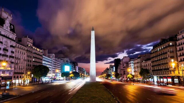 Buenos aires obelisk at sunset with moving traffic