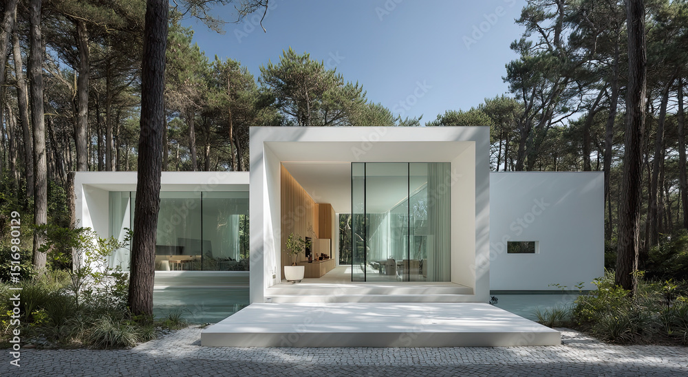 Poster modern white villa in forest setting with reflective pool, showcasing architectural innovation and s
