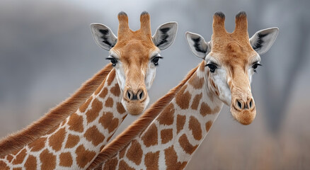 Fototapeta premium Two Giraffes Close Up in Soft Light, Representing Wildlife Conservation and African Safari Tourism, Perfect for Nature Education and Travel Promotion
