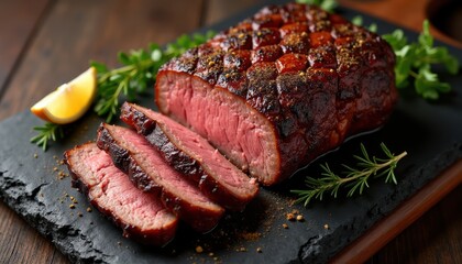Smoked brisket on stone black board on dark brown background with top view shot