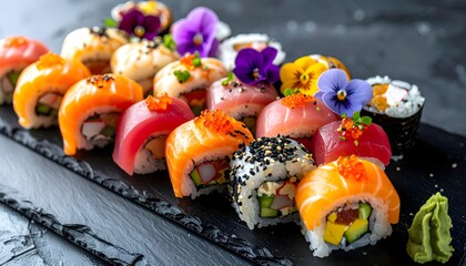 Decorative Sushi Platter with Salmon, Tuna, and Edible Flowers on Dark Stone