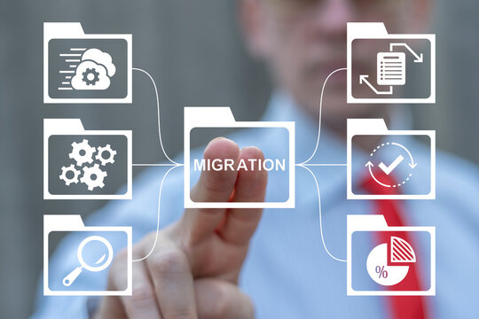 Business person using virtual touch screen push text: MIGRATION. Migration Data Web Technology Concept. Digital data transfer and exchange documents. - Powered by Adobe
