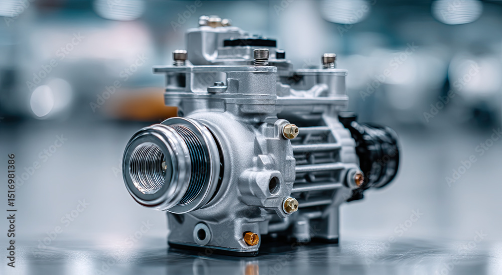 Poster close-up of silver engine component on metal surface, representing engineering precision and automot