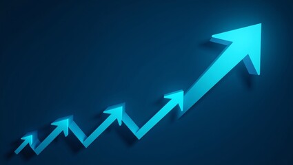 Dynamic minimalistic digital illustration of stylized upward arrows in bright cyan on a gradient dark blue background symbolizing growth and progress