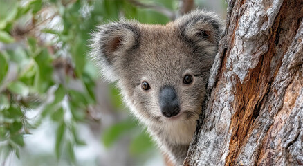 Obraz premium Adorable Koala Peeking From Behind a Tree Trunk, Embodying Wildlife Conservation and Environmental Awareness in Natural Habitat