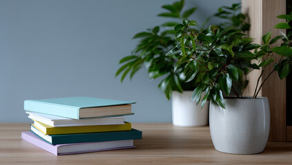 Stack of Colorful Books With Plants on a Desk, Representing Education and Personal Growth, Ideal for Learning and Self-Improvement Concepts