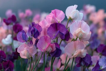 Floral arrangement displaying sweet pea flowers in shades of purple, pink, and white on a soft, hazy background