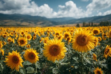 Fototapeta premium Vibrant Sunflower Field Under Cloudy Sky with Distant Mountain Range in Background During Summer