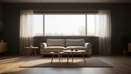 Fototapeta premium Bright living room with sofa, coffee tables, and large window