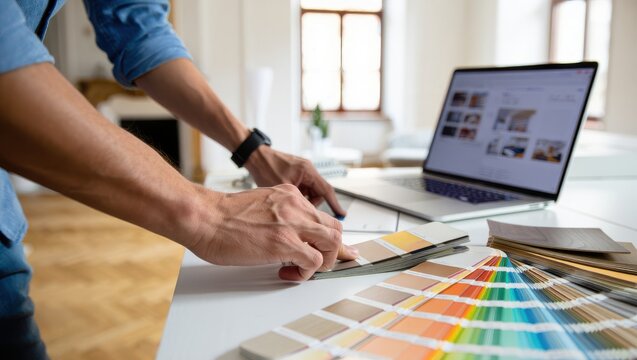 Designer choosing color palette with laptop on desk in office