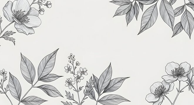 Monochromatic botanical background with fine pencil sketches of leaves and flowers for sophisticated designs