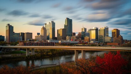 Fototapeta premium Downtown cityscape view with river and bridge at sunset in autumn