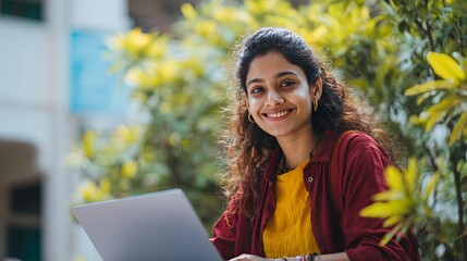 Smiling Young Woman Using Laptop Outdoors Happy Student Girl Working Remotely on Computer Technology Freelance Professional Digital Nomad Studying Online Education Nature