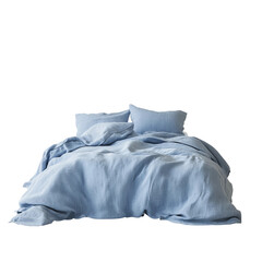 A inviting soft blue bed with soft sheets in a calm setting. creating a sense of tranquility and comfort.