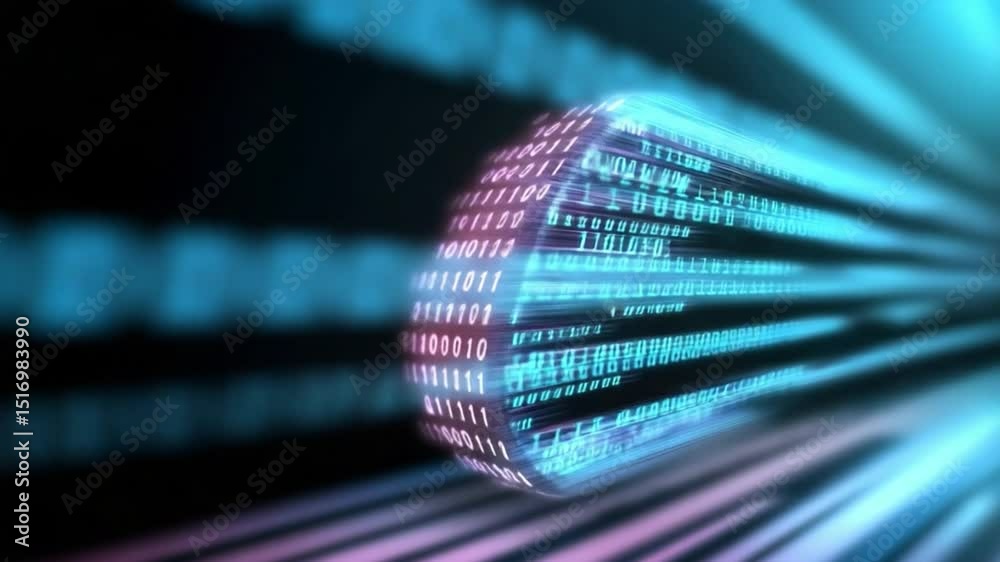 Poster Data Stream in Motion: The image showcases a visually captivating stream of data coursing through a digital tunnel, representing the speed and complexity of technological advancement.