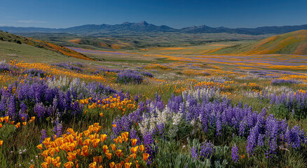 Fototapeta premium California Poppies and Lupine Flowers Blooming in Meadow Landscape, Showcasing Natural Beauty and Environmental Awareness for Conservation Projects