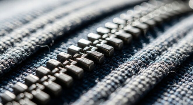 Close-up of metallic zipper on blue textured fabric in soft focus lighting