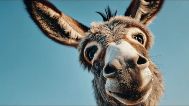 Funny donkey expression against a clear blue sky at daytime

