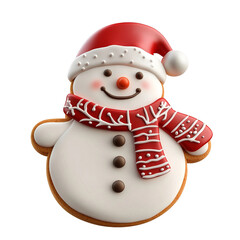 A charming snowman cookie with a festive appearance, featuring a red Santa hat and a matching scarf, captures the festive spirit of the season.