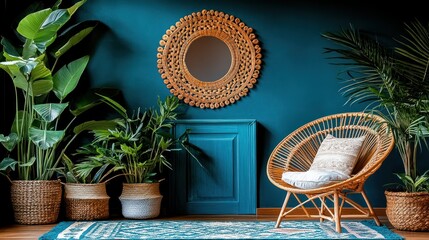 Fototapeta premium Teal room with wicker chair, plants, and mirror