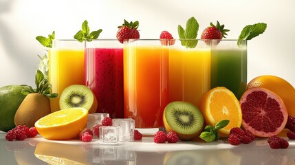 Fototapeta premium Variety of colorful fruit juices in glasses with fresh fruits and mint, on white background.