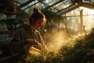 Female gardener irrigating plants with watering can inside glass greenhouse, sunlight streaming through structure