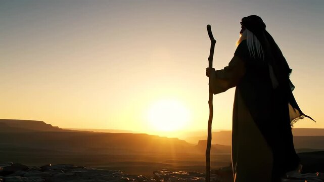 Silhouette of a Man With a Staff Gazing at the Desert Sunrise Under an Orange Sky in The Middle East Landscape
