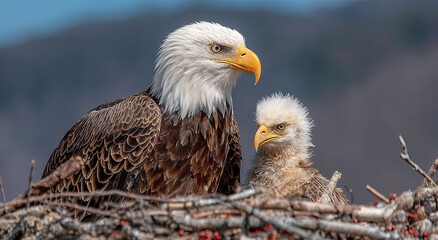 Obraz premium Bald Eagle Mother and Chick in Nest, Symbolizing Family Values and Wildlife Conservation Efforts in Natural Habitat