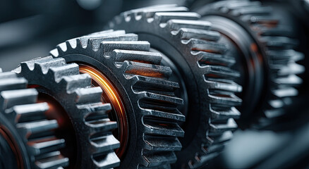 Fototapeta premium Close Up of Interlocking Gears With Warm Light, Symbolizing Teamwork and Industrial Progress, Representing Mechanical Engineering and Innovation