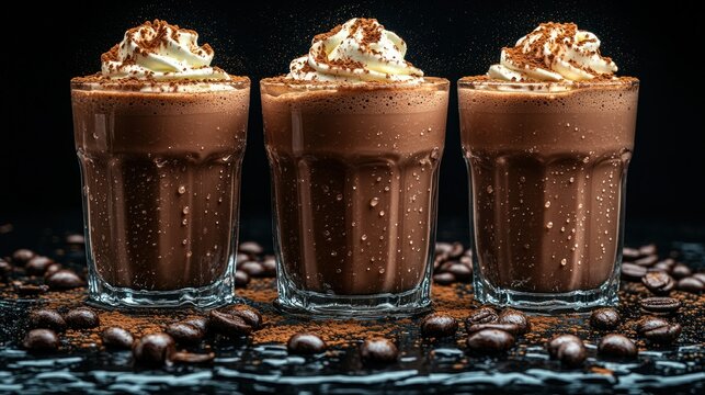 Three chocolate smoothies, topped with whipped cream and cocoa powder, on a dark background - Powered by Adobe