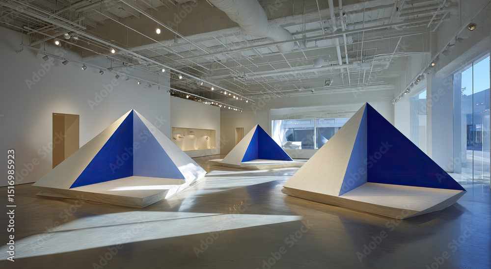 Aufkleber geometric pyramids in modern art gallery space, showcasing creative expression and innovative design