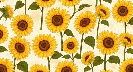Bright sunflower seamless pattern with rustic texture ideal for cheerful and sunny nature backgrounds