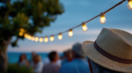 beach community celebration, capturing the community spirit, a lively beach party at night with live music, carnival lights, and costumed participants celebrates after a parade