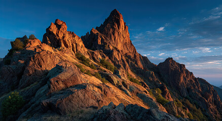 Naklejka premium Jagged Mountain Peak Bathed in Golden Sunlight at Sunset, Symbolizing Adventure and Environmental Exploration for Nature Photography