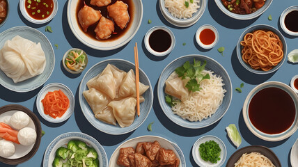 Mix different Asian food, dumplings, rice, meat and sauces.