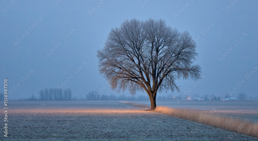 Poster solitary tree covered in frost standing in a field at dawn, evoking serenity and winter solitude for