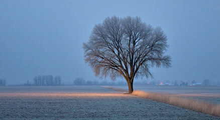 Solitary Tree Covered in Frost Standing in a Field at Dawn, Evoking Serenity and Winter Solitude for Environmental Awareness Campaigns