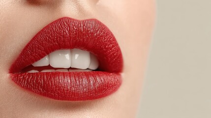 Fototapeta premium Close-Up of Glossy Red Lips with Perfectly White Teeth on Neutral Background for Beauty and Fashion Promotions